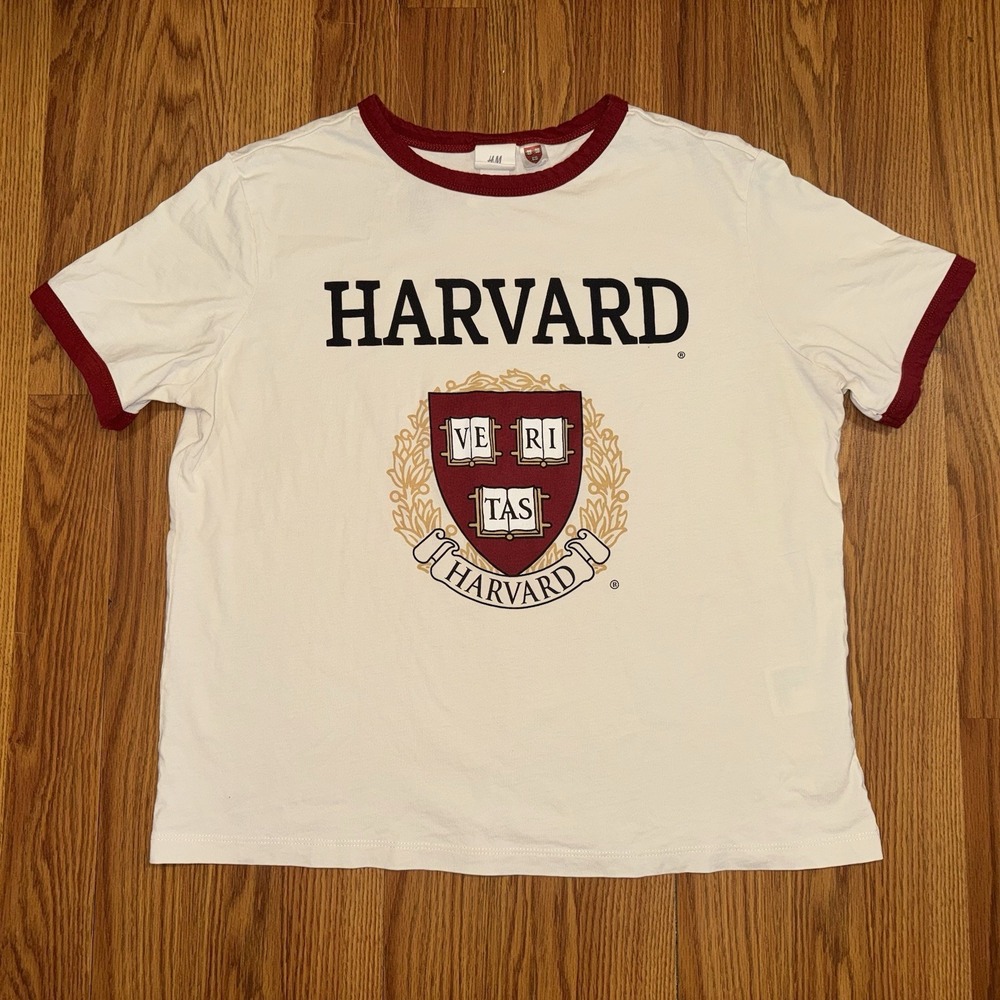 H&M Harvard University Crest Ringer T-shirt Boxy Fit Womens Medium